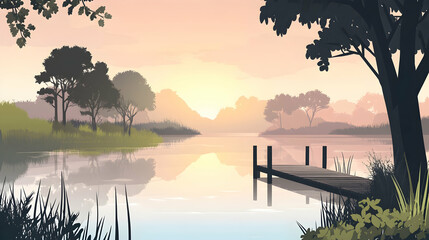 A peaceful sunrise over a still lake with a wooden dock extending into the water.