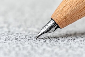 Macro shot of a pen tip writing on paper, sharp focus on the ink and fine details of the paper texture