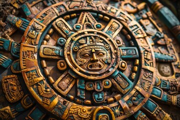 Intricate Aztec Calendar Display Featuring Detailed Carvings and Vibrant Colors, Showcasing Ancient Craftsmanship and Rich Cultural Heritage