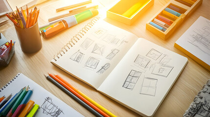A top view of a wooden desk with an open sketchbook and various art supplies.