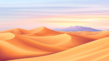 A vast, sandy desert landscape with rolling dunes stretching towards distant mountains under a clear, colorful sky.