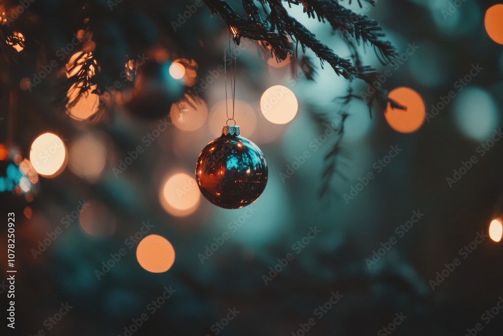 Aufkleber brightly colored ornaments dangle from the branches of a christmas tree, illuminated by warm, twinkl