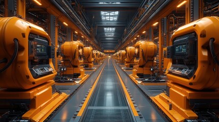 A futuristic industrial setting with robotic arms in a factory.
