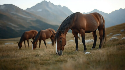 Obraz premium Group of brown horses grazing on a grassy meadow with mountains in the background, under natural daylight conditions in a serene alpine landscape.