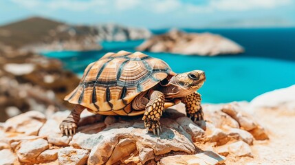 Obraz premium a turtle on the rock in the shore of a beautiful lake