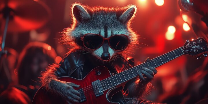A raccoon wearing sunglasses and a leather jacket plays a red electric guitar on a stage.