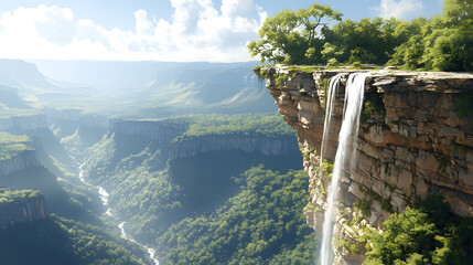 Waterfall cascades into lush green valley