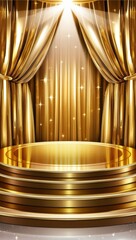 Golden stage podium with spotlight and glittering background. Copy space backdrop