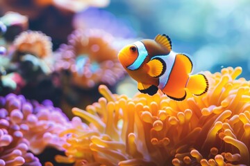 A Vibrant Clownfish Swims Among Colorful Anemones in a Serene Coral Reef Ecosystem