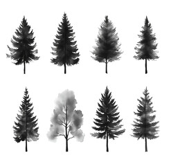 Fototapeta premium set of hand-drawn watercolor pine trees in black and gray tones on a white background