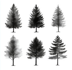 Fototapeta premium set of hand-drawn watercolor pine trees in black and gray tones on a white background