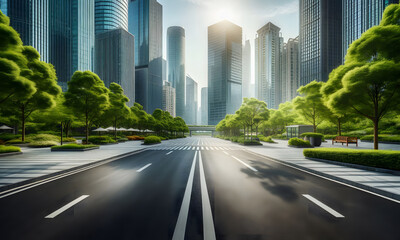 Obraz premium Strasse und Bäume vor moderner Skyline