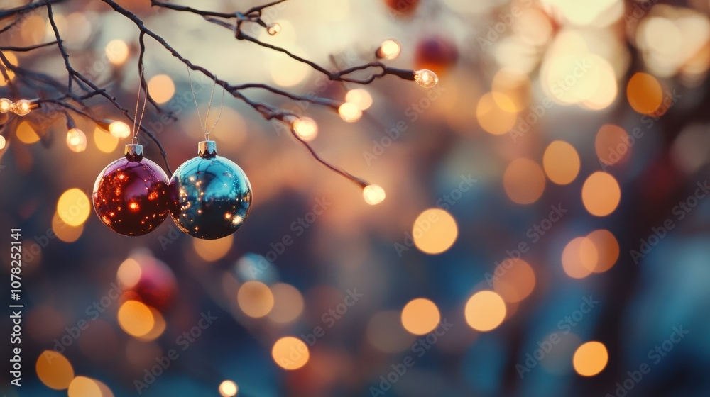 Poster brightly colored ornaments dangle from branches, surrounded by twinkling lights, creating a cheerful