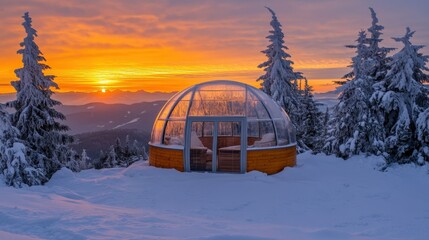 Cozy Snowy Retreat with Stunning Sunset Over Mountain Peaks