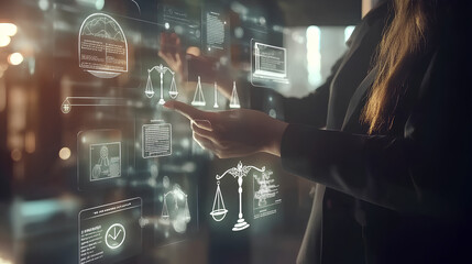 Legal Professional with Justice Icons. A suited legal professional touches virtual icons symbolizing law, justice, and legal services. business legislation, Notary public, legal advice online, Lawyer