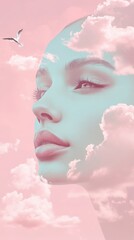 Fototapeta premium Dreamy portrait of a woman with clouds and a bird in a pastel sky, AI