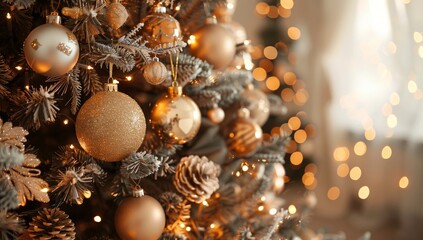 Fototapeta premium Closeup of a Christmas Tree Decorated with Golden Ornaments