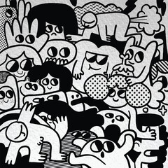 playful black and white doodle art featuring various abstract characters with expressive faces and whimsical designs, creating lively and imaginative scene