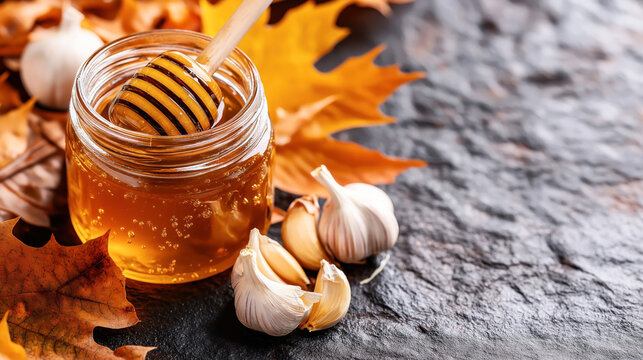 Jar of honey with dipper surrounded by garlic cloves and autumn leaves on stone surface.