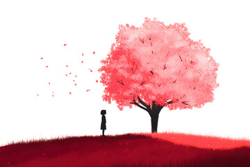 A girl stands in front of a tree with pink leaves