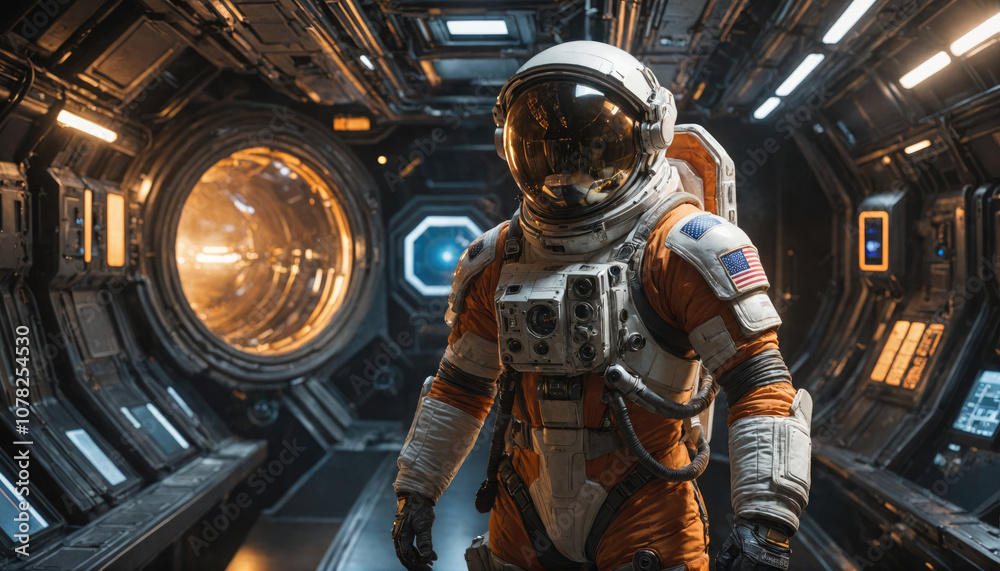Sticker an astronaut stands in a spaceship corridor, looking towards the open hatch and the vast expanse of 