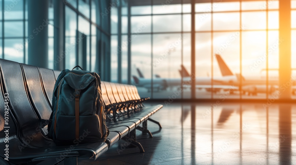 Aufkleber Backpack is resting on empty seats in an airport terminal, with airplanes visible in the background through a large window at sunset