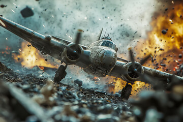 Fototapeta premium A war plane is flying through a battlefield with a lot of debris and smoke