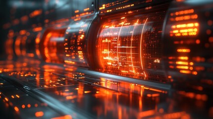 Futuristic interface with glowing orange elements and digital patterns.