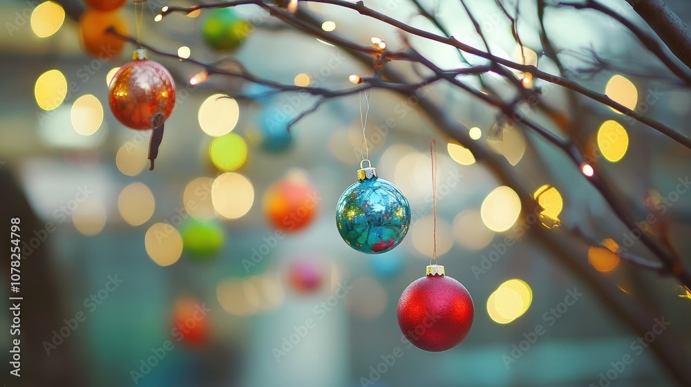 Aufkleber brightly colored christmas ornaments dangle from branches, surrounded by twinkling lights and a fest