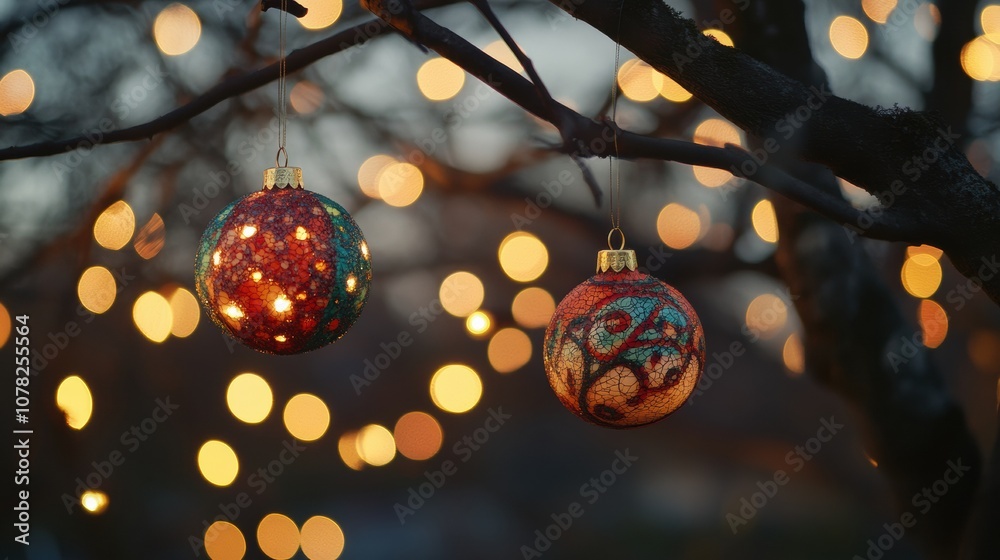 Poster brightly decorated ornaments dangle from a branch, illuminated by warm lights, creating a festive at
