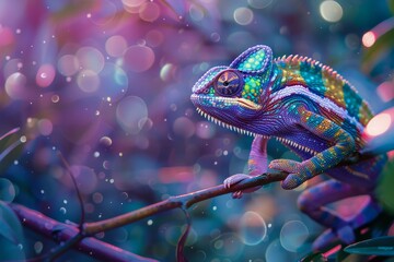 A Vibrant Chameleon Perched on a Branch in a Colorful Rainforest During Twilight, Showcasing Its Stunning Hues and Patterns