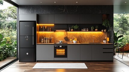 Modern kitchen with sleek design and ambient lighting.