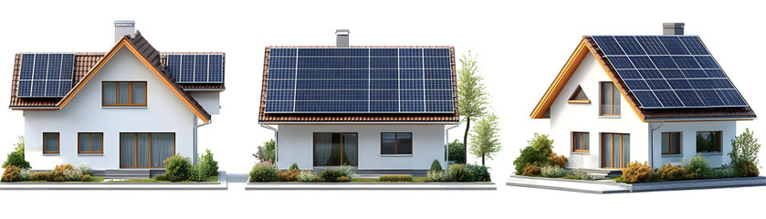 Fototapeta premium Three modern houses with solar panels on their roofs isolated on transparent background