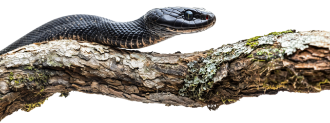 Black Snake on Tree Branch, Isolated on Transparent Background for Wildlife Education, Nature Conservation, and Reptile Study Resources