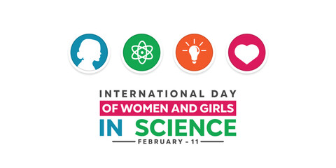 International Day of Women and Girls in Science. Women, science, lamp and heart. Great for cards, banners, posters, social media and more. White background. 