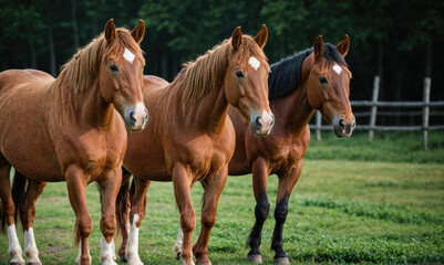 Obraz premium Three brown horses with white markings stand in a field, facing the camera