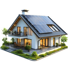 Modern two-story house with solar panels on the roof isolated on transparent background