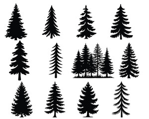 Christmas Trees Pictogram Set, Pine Tree Silhouette.