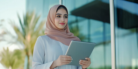 picture of young indian, arabic or middle eastern israel businesswoman holding a tablet. digital computer.. woman using tablet pc application for online remote work at office business building outdoor