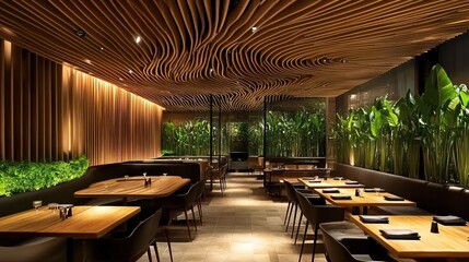 Fototapeta premium Modern Restaurant Interior Design with Wooden Ceiling and Green Plants