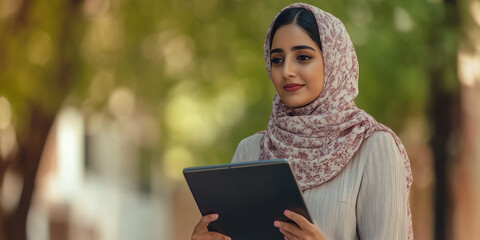 picture of young indian, arabic or middle eastern israel businesswoman holding a tablet. digital computer.. woman using tablet pc application for online remote work at office business building outdoor