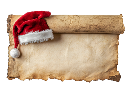 Empty parchment scroll with a red Santa hat draped over the top isolated on transparent background. png.  - Powered by Adobe