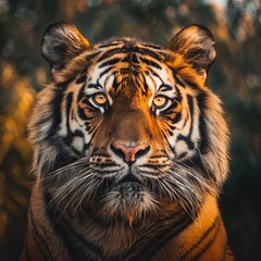Fototapeta premium Majestic Close-Up of a Bengal Tiger Against a Warm Sunset Background, Capturing the Intensity and Beauty of This Endangered Wild Animal.