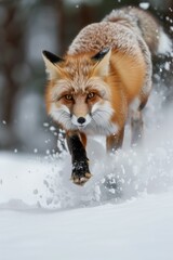 Obraz premium Majestic Red Fox Running Through Snow-Covered Forest Floor, Capturing the Beauty of Nature in Wintertime Wildlife Adventure.