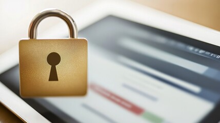 Naklejka premium A digital padlock icon appears next to a tablet used for secure online banking transactions