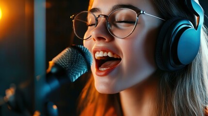 Young Woman Singing Into Microphone
