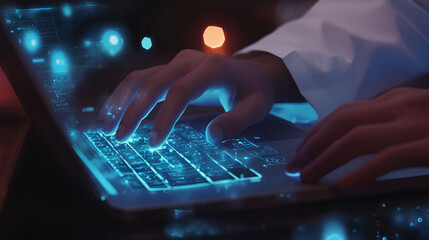 Man typing on laptop, glowing medical 