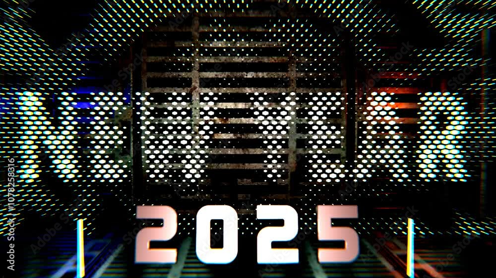 Poster abstract 3d animation of the technological process of resizing hexagons and new year's text. looping
