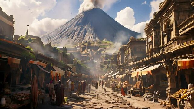 Ancient Volcano City
A city built at the base of a smoking volcano, with stone streets and bustling markets. The camera pulls away to show the civilization&rsquo;s precarious position in the shadow of the v
