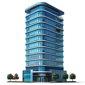 Modern glass skyscraper with blue tinted windows and a rounded entrance, isolated on a transparent background.